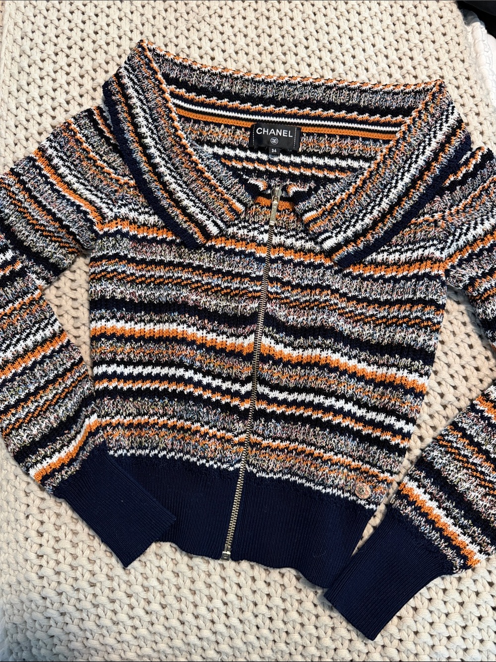 CHANEL Navy, Orange & White Striped Zip Knit Cardigan